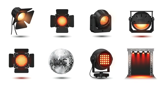 An isolated set of professional stage and concert lighting equipment, including various spotlights, a mirror ball, and a lighting rig for show production