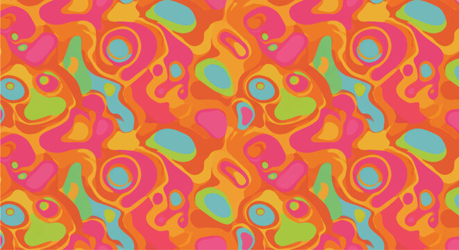 Abstract vibrant liquid marble art in a funky retro style. Seamless psychedelic background with groovy 60s and 70s vibes for a creative concept