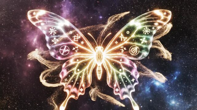 A fantasy cinematic time-lapse of a glowing energy cocoon transforming into a butterfly made of crystal and light, vibrant purple and blue hues, particles floating, elegant 4K ultra-detailed animation
