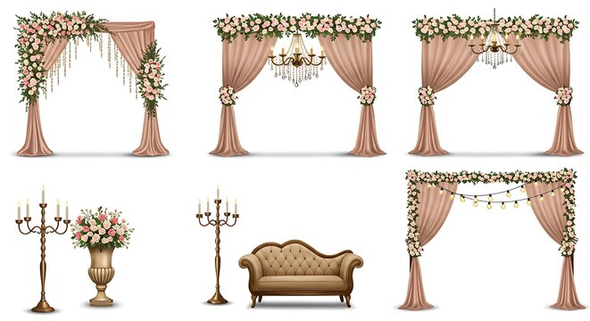 A collection of elegant wedding decoration elements including floral arches, a vintage sofa, and candelabras for a romantic ceremony - Powered by Adobe