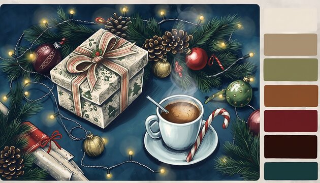 Enjoy a cozy Christmas morning with a warm cup of coffee surrounded by gifts and festive decorations, creating a cheerful and inviting holiday atmosphere