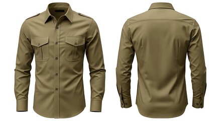 Stylish Men's Long Sleeve Shirt in Khaki Color Front and Back View
