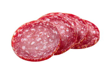 Sliced salami rounds with white fat speckles on black background meat food, Isolated On Transparent Background, Png Cut Out