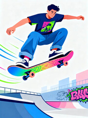 Obraz premium Skateboarder mid-air Dynamic jump captured in vibrant illustration