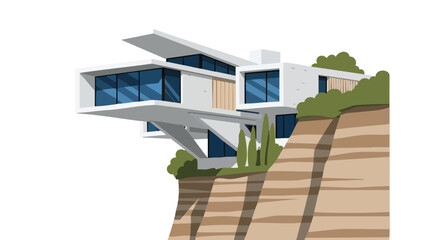 Architectural marvel modern house perched dramatically atop a cliff overlooking a scenic landscape offering a sense of luxury and serene living