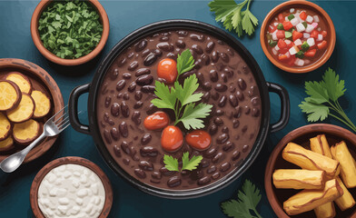 Traditional brazilian feijoada served with rice fried plantains and farofa