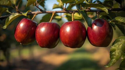 fresh apples on tree with glossy skin and blurred background for harvest or agriculture theme