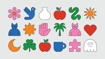 A vibrant collage of retro inspired icons, featuring a flower, bird, vase, apple, sun, moon, heart, and more, all rendered in bold colors