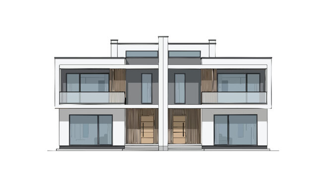 Architectural rendition showcases a modern duplex design with geometric forms, light-filled spaces and minimalist aesthetics