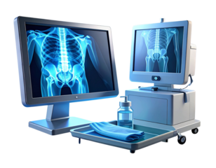 Medical x ray display screens showing human skeleton on black background