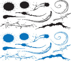Abstract ink splash and swirl elements vector set in black and blue, editable stroke design for decorative graphics, digital art, and creative compositions.