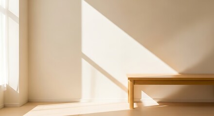 Fototapeta premium Sunlit Minimalist Interior with Wooden Bench and Window.