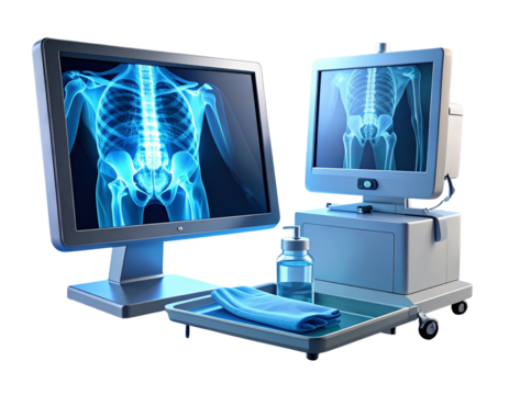 Medical x ray display screens showing human skeleton on black background