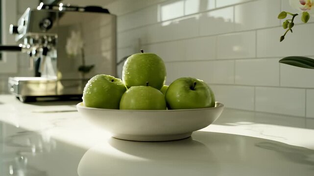 Apples artfully arranged in a harmonious circular formation on a kitchen counter, perfectly capturing the wholesome simplicity of a fresh start, ideal for cooking show backgrounds or restaurant.