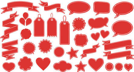 Red Ribbons, Labels, Speech Bubbles, and Hearts with Stitched Outline.  Sale, celebration, and romantic graphic elements
