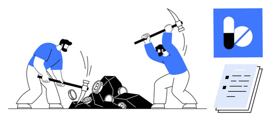 Two workers breaking rocks with hammer and pickaxe, symbolizing labor and determination. Ideal for teamwork, effort, productivity, perseverance, manual work, goal achievement, simple flat metaphor