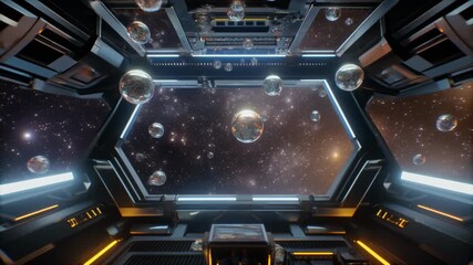 A futuristic spaceship cockpit view looking out into a starry galaxy with numerous floating reflective bubbles. - Powered by Adobe