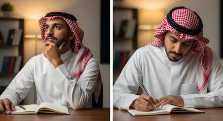 A thoughtful young man wearing traditional Middle Eastern attire is sitting at a desk, contemplating and taking notes in a well-lit indoor setting