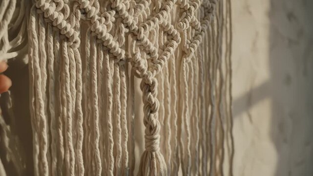 Hand Adjusting Macrame Wall Hanging, Close Up