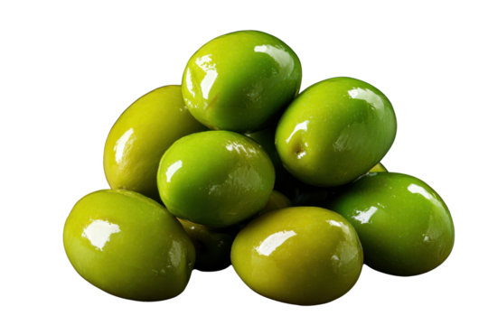 Pile of glossy green olives with reflections against a dark background shiny, Isolated On Transparent Background, Png Cut Out