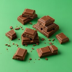 A close-up of broken chocolate pieces and crumbs scattered on a vibrant green background, showcasing the texture and richness of the chocolate