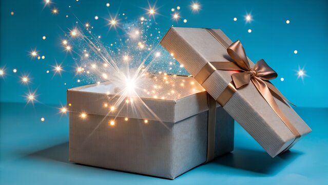 Open gift box with sparkling lights emerging from inside