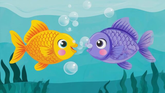 Adorable animated cartoon of two colorful fish, a goldfish and a purple fish, meeting underwater with bubbles. Perfect for children's stories or aquatic themes.