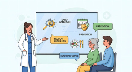 A female physician educates patients about regular health examinations and preventative care strategies using an informative screen display