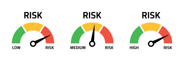 Risk meter icon, gauge indicator showing low medium high risk