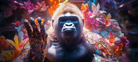 A white gorilla , a small creature made of glass that is sitting in the palm of your hand,generative AI