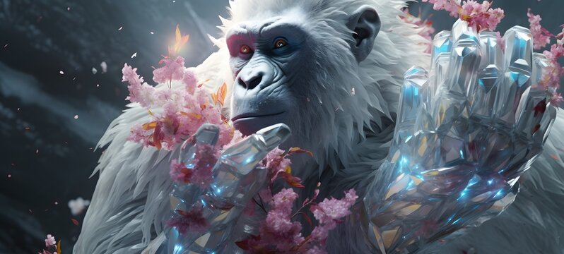 A white gorilla , a small creature made of glass that is sitting in the palm of your hand,generative AI