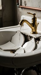 A broken porcelain sink with a leaking faucet in an industrial-style bathroom setting