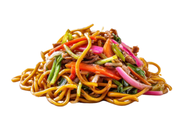 Pile of stir fried noodles with beef and colorful vegetables on black image, Isolated On Transparent Background, Png Cut Out