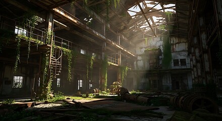 A captivating look inside an abandoned factory where nature thrives, ideal for projects needing a sense of decay, historical exploration, or post-apocalyptic settings.