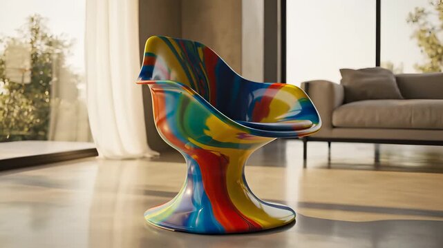A brightly colored plastic chair sits in a modern living room setting with a large window framing an outside view, perfectly capturing the concept of comfortable serenity evoking feelings of.