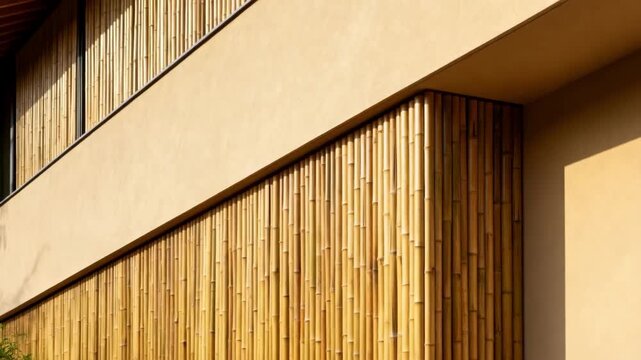 Medium shot of a sleek exterior wall featuring bamboo panels highlighting renewable and sustainable facade materials for green architecture.