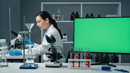 Scientific Precision: A dedicated scientist immersed in meticulous lab work, surrounded by advanced equipment and the tools of discovery, illuminated by the glow of a modern monitor. - Powered by Adobe