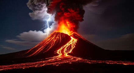 Raw power of nature on display as a volcano erupts under a stormy sky. Lightning illuminates the scene, showcasing earth's geological processes. Ideal for scientific visuals.