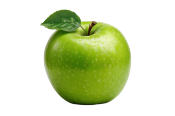 Single green apple with leaf and water droplets on black background fruit food, Isolated On Transparent Background, Png Cut Out