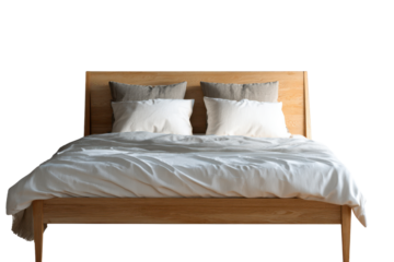 Wooden bed with white and grey pillows and white duvet furniture bedroom, Isolated On Transparent Background, Png Cut Out
