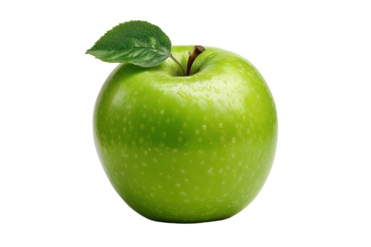 Single green apple with leaf and water droplets on black background fruit food, Isolated On Transparent Background, Png Cut Out - Powered by Adobe
