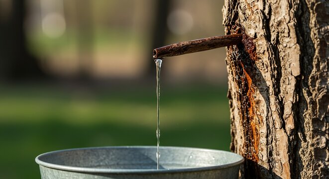 Clear liquid slowly drips from a spile inserted into the bark of an old maple tree on a sunny spring day, gathering in a bucket below ,sweet ,harvest ,farm