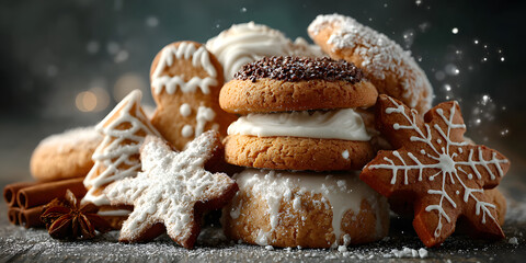 Heap of various homemade traditional Christmas cookies, baking, gingerbread, holiday, festive, assortment, delicious, sweet
