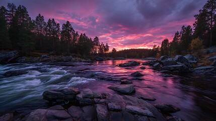 Majestic River Rapids Illuminated by a Vibrant Purple Sunset Sky