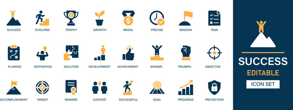 Success icon set collection. Evolving, trophy, growth, medal, precise, mission, task, planning, motivation, solution, winner and best solid icon set.
