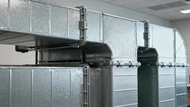 Medium shot of modular HVAC ductwork showcasing standardized sections and easy assembly for efficient airflow management in commercial buildings