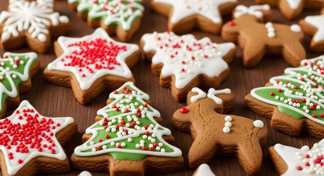 christmas gingerbread cookies on wooden background - Powered by Adobe