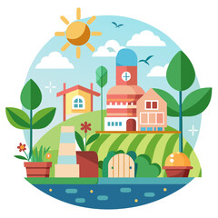 Naklejka premium Charming flat illustration of a vibrant farm scene with a central building, lush greenery, and a bright sun in a circular frame, evoking a sense of rural life and nature