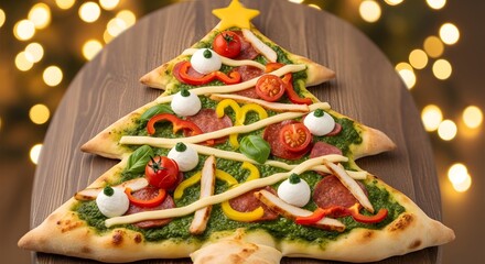 Festive christmas tree shaped pizza decorated with holiday toppings