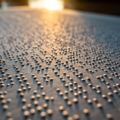 Close-up view of a textured surface with numerous raised dots, illuminated by a warm sun.